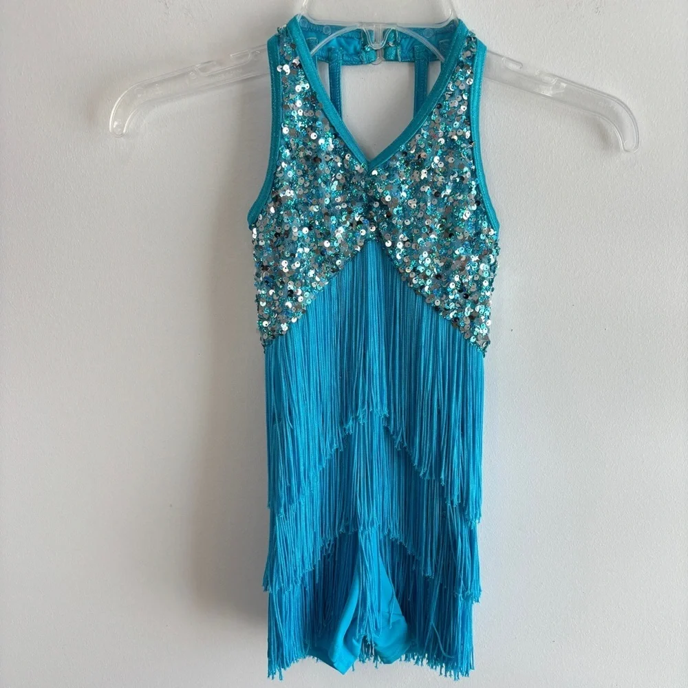 Weissman Showtime Dance Costume 10425 Size SC Blue Fringe Sequins Skating Tap